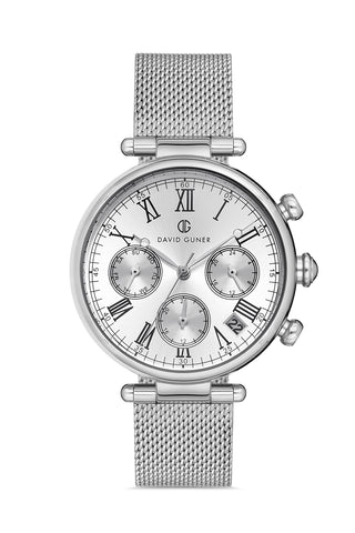 DAVID GUNER Women's Watch with Silver Steel Knitted Band