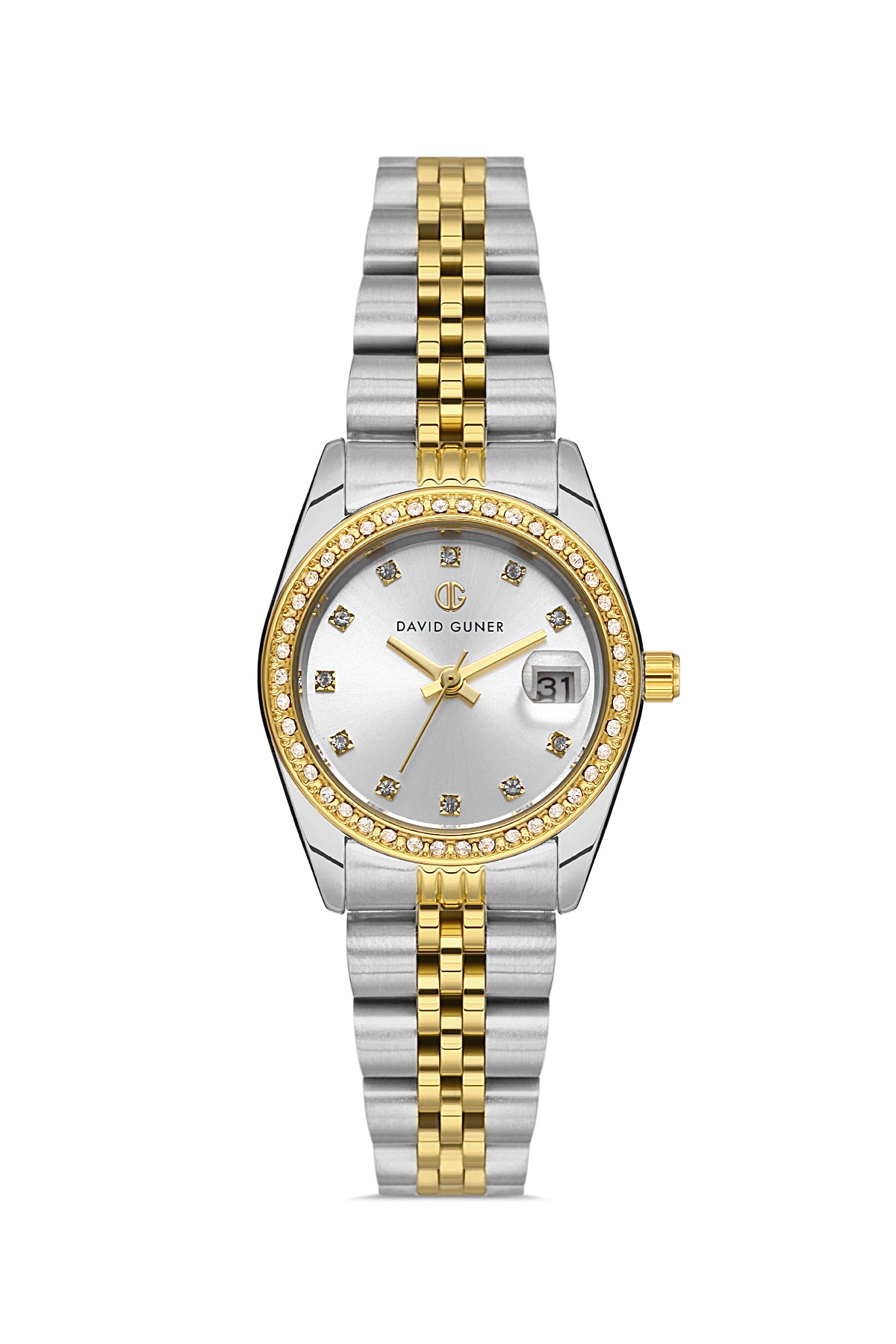 DAVID GUNER Gümüş Kadranlı Sarı - Beyaz Kaplamalı Takvimli Kadın Kol Saati - DG-8474LA-D1