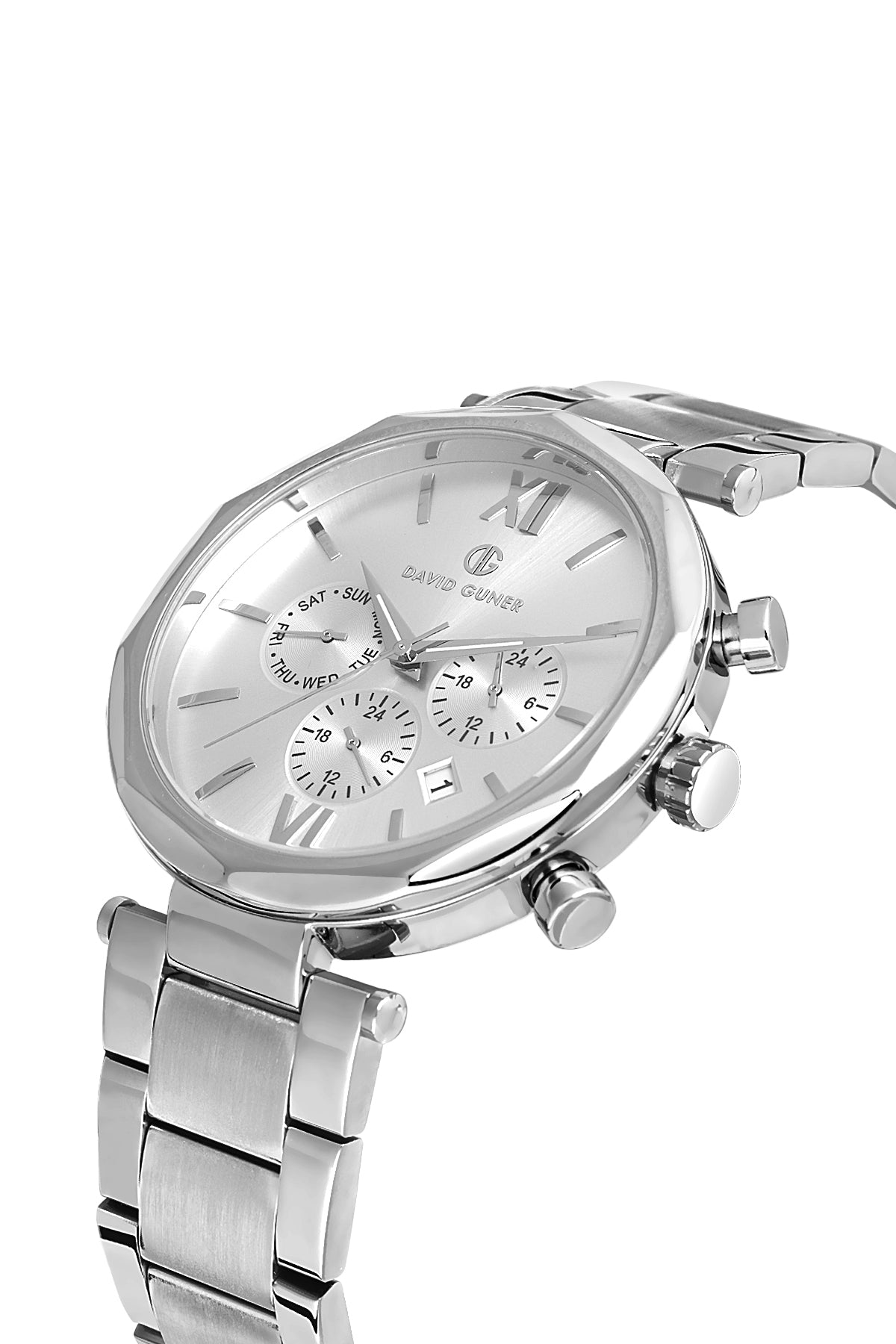 DAVID GUNER Gümüş Kaplama Gümüş Kadranlı Multi Fonksiyonlu Paslanmaz Masif Çelik Erkek Kol Saati - DG-8693GA-A1