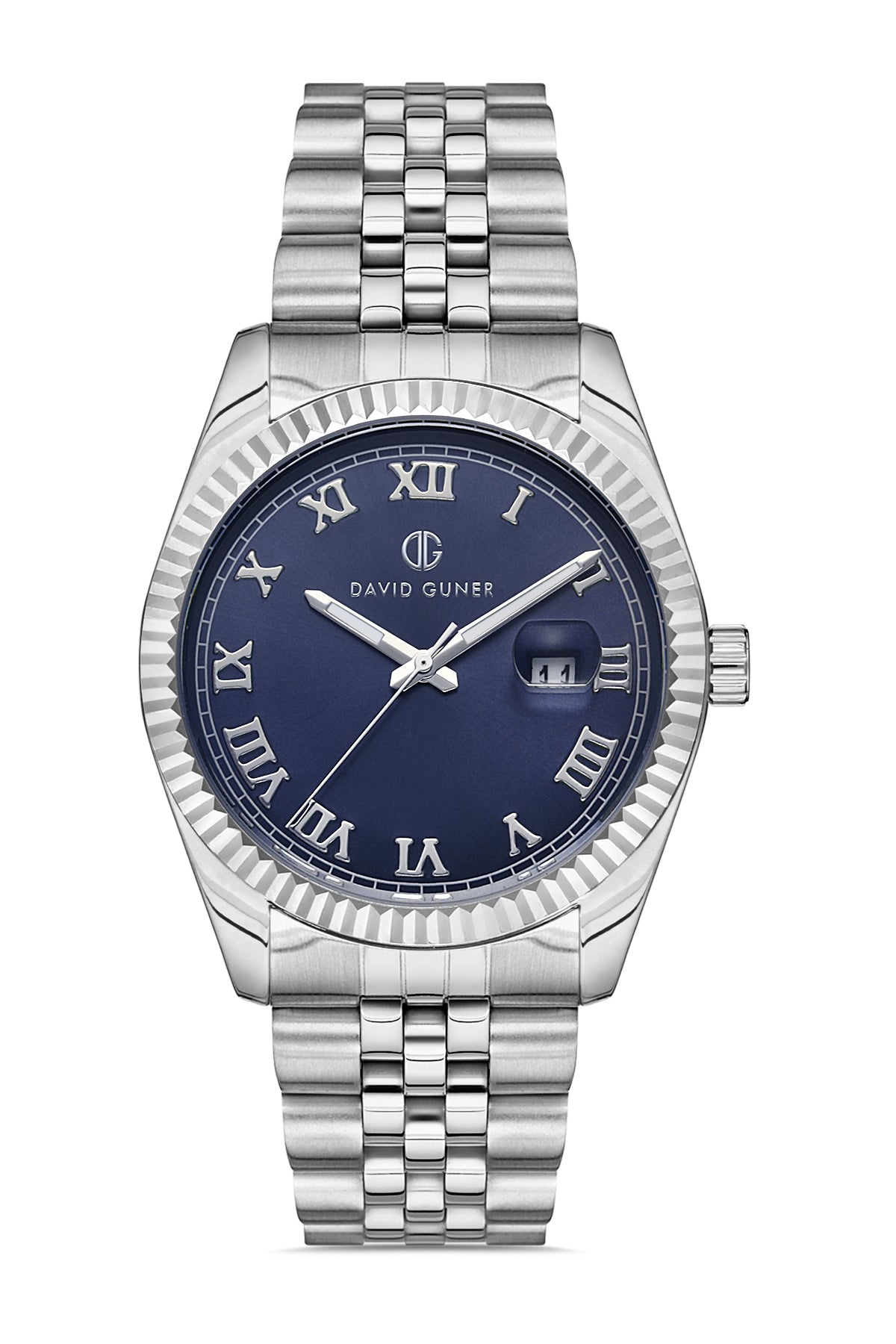 DAVID GUNER Gümüş Kaplama Mavi Kadranlı Roma Rakamlı Takvimli Paslanmaz Masif Çelik Erkek Kol Saati - DG-8085GA-A3