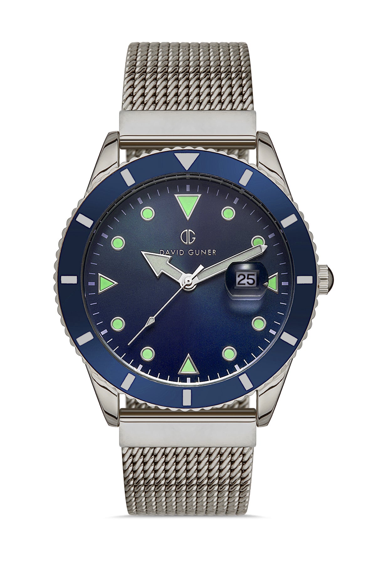 DAVID GUNER Gümüş Kaplama Mavi Kadranlı Takvimli Çelik Örme Kordon Erkek Kol Saati - DG-8328GC-A3