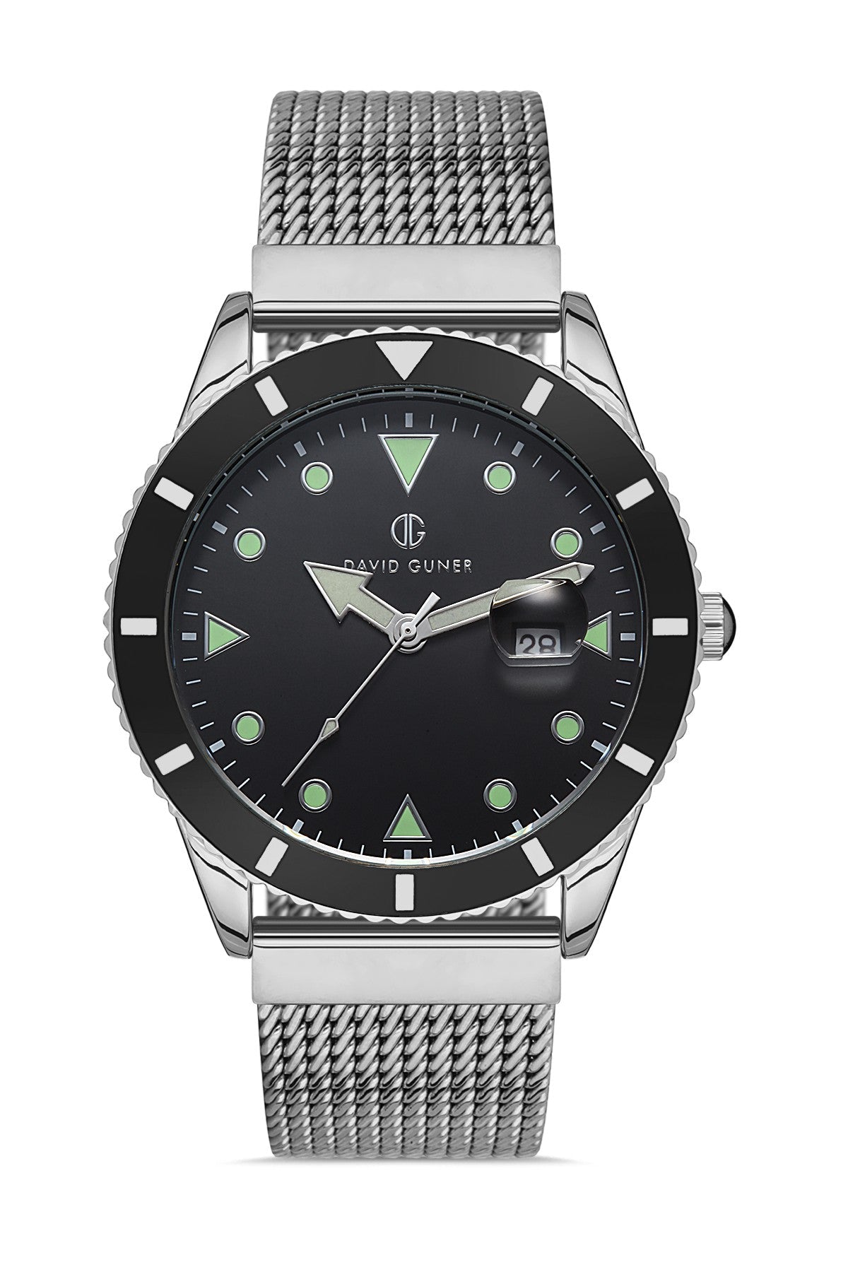 DAVID GUNER Gümüş Kaplama Siyah Kadranlı Takvimli Çelik Örme Kordon Erkek Kol Saati - DG-8328GC-A2