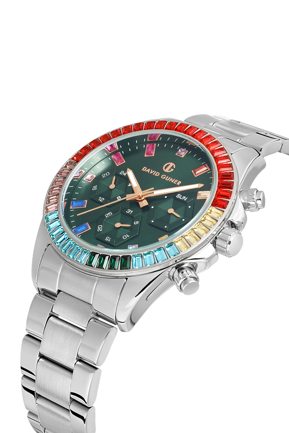 DAVID GUNER Gümüş Kaplama Yeşil Kadranlı Multi Fonksiyon Paslanmaz Masif Çelik Uniseks Kol Saati - DG-8678GA-A10