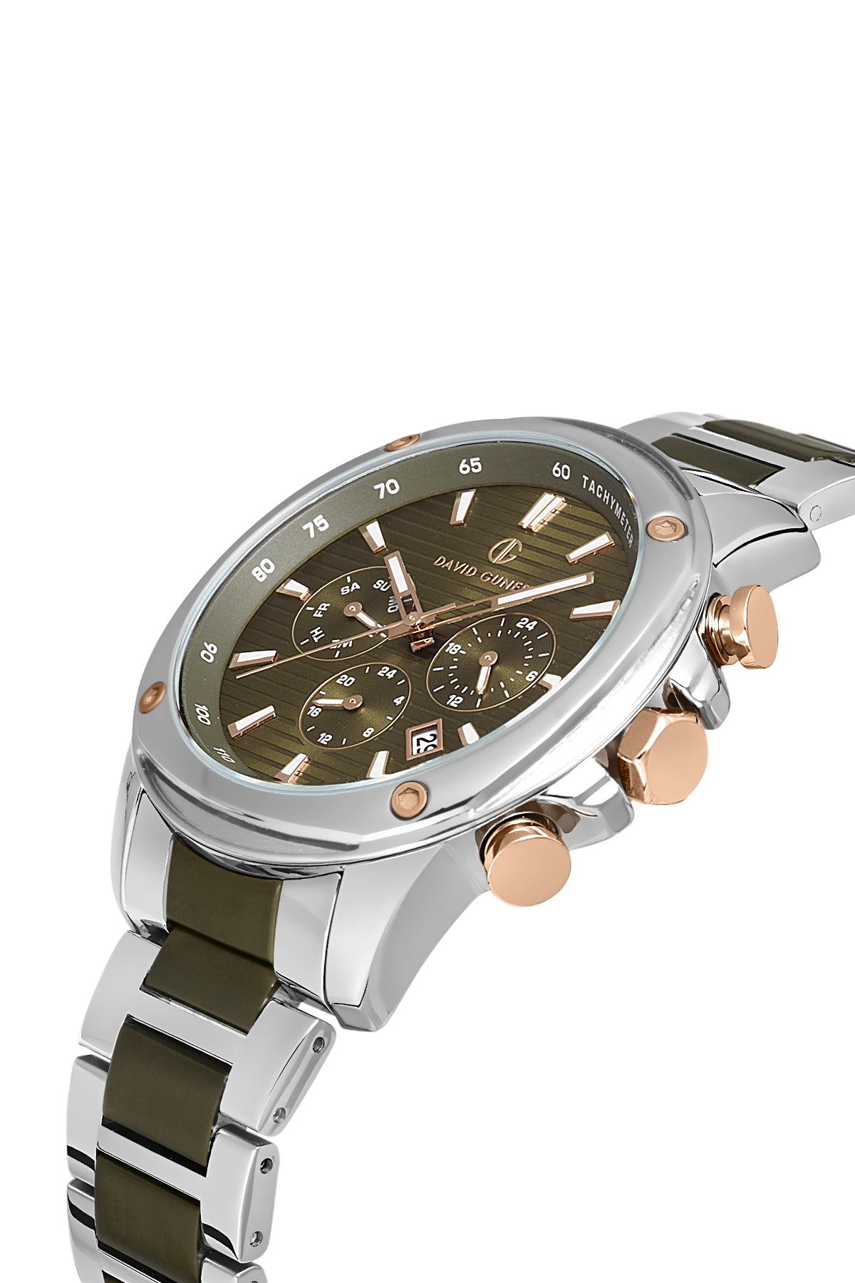 DAVID GUNER Gümüş Kaplama Yeşil Kadranlı Paslanmaz Masif Çelik Erkek Kol Saati - DG-8625GA-ZM10