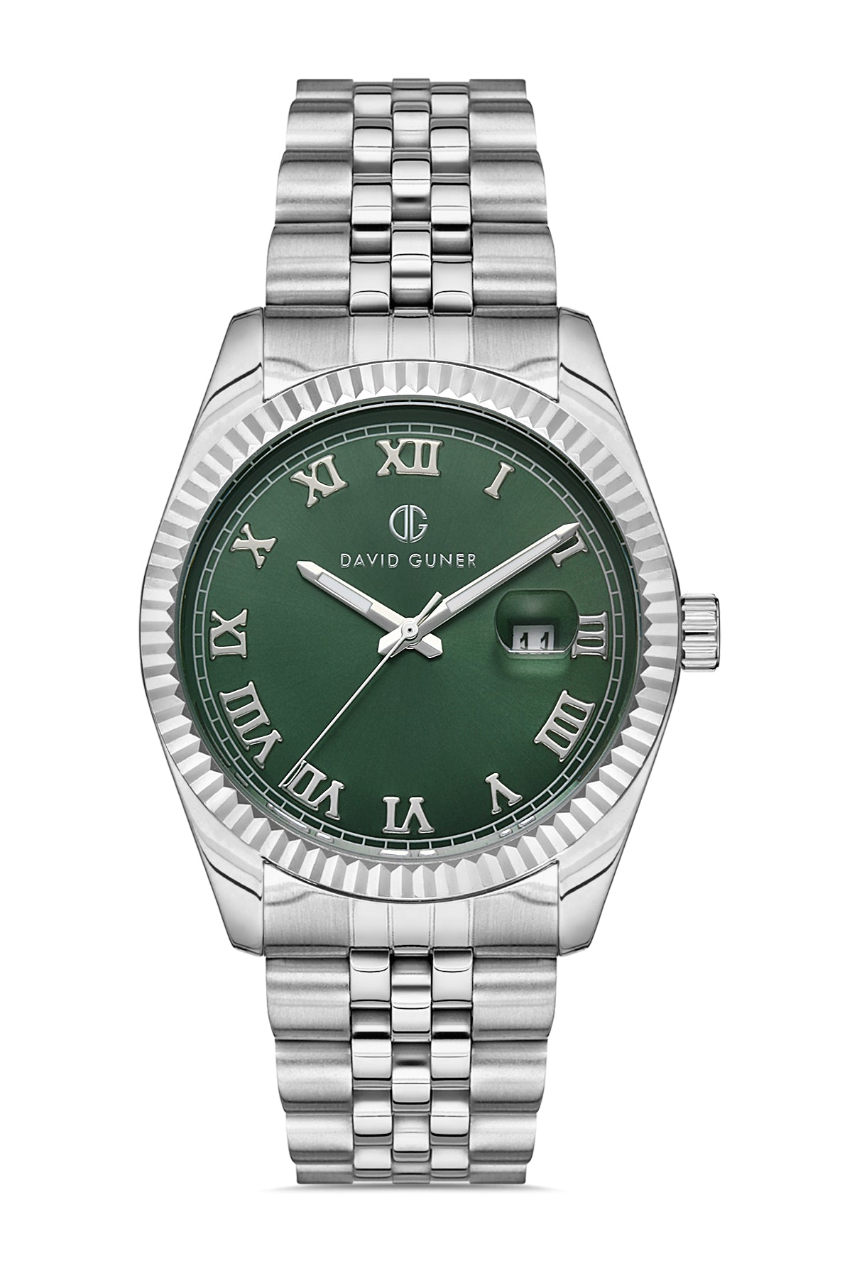DAVID GUNER Gümüş Kaplama Yeşil Kadranlı Roma Rakamlı Takvimli Paslanmaz Masif Çelik Erkek Kol Saati - DG-8085GA-A10