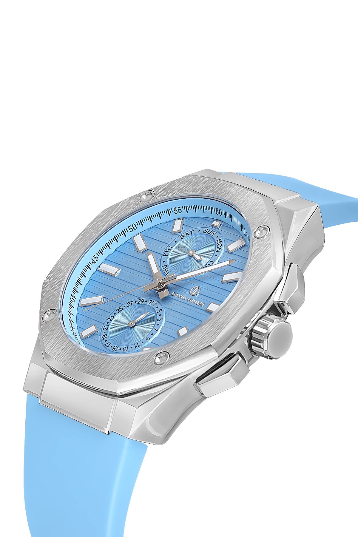 DAVID GUNER Gümüş Kaplama Açık Mavi Kadranlı Multi Fonksiyonlu Erkek Kol Saati