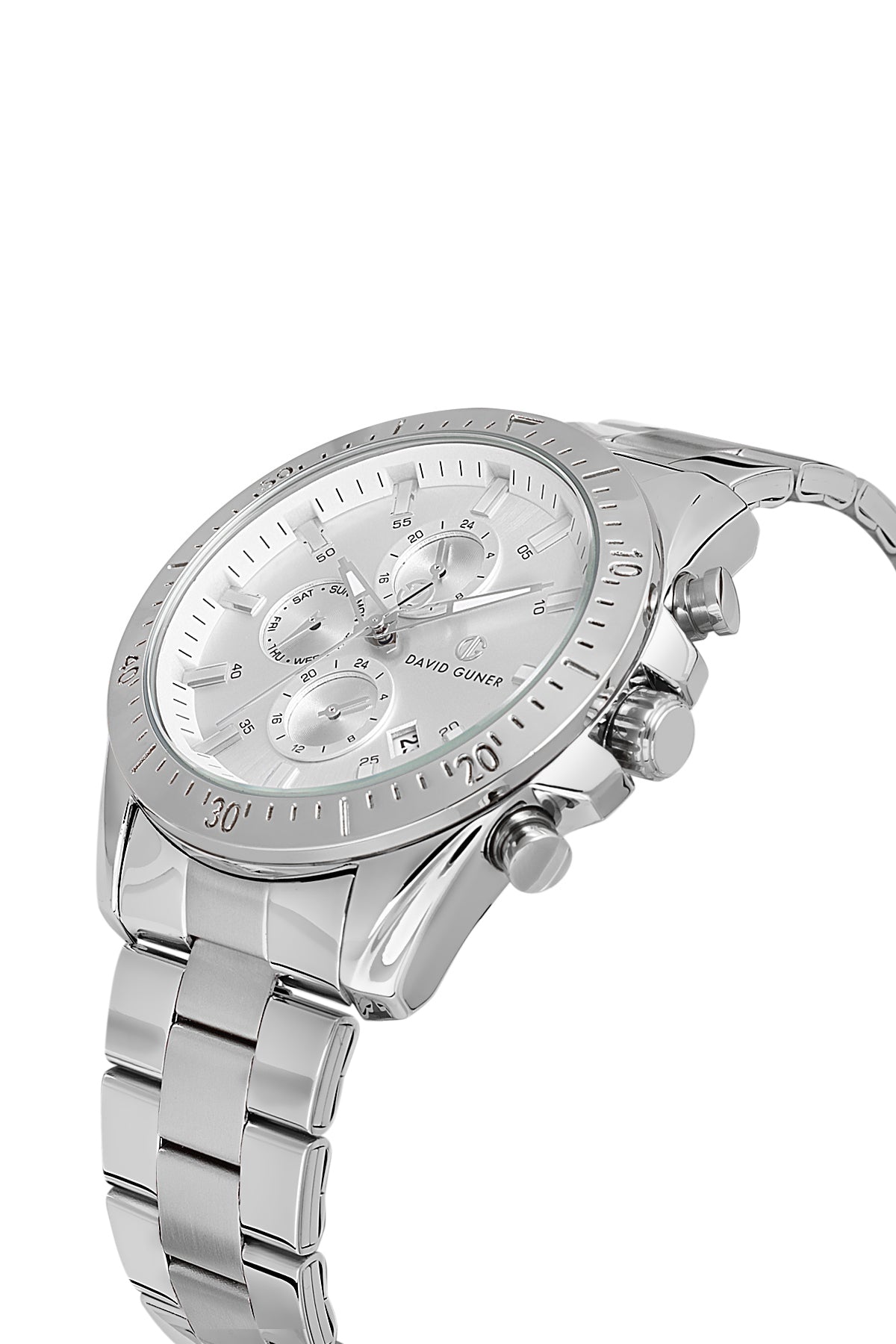 DAVID GUNER Gümüş Kadranlı Gümüş Kaplama Paslanmaz Masif Çelik Kordonlu Multi Fonksiyon Erkek Kol Saati