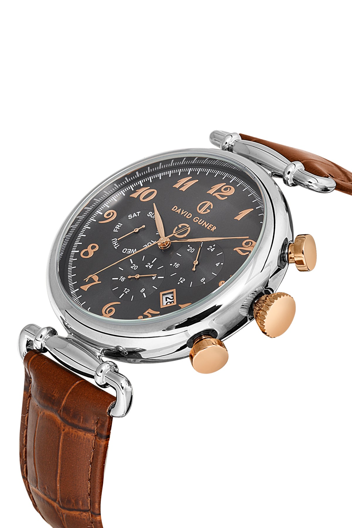 DAVID GUNER Silver Plating Men's Watch with Gray Dial and Brown Leather Band