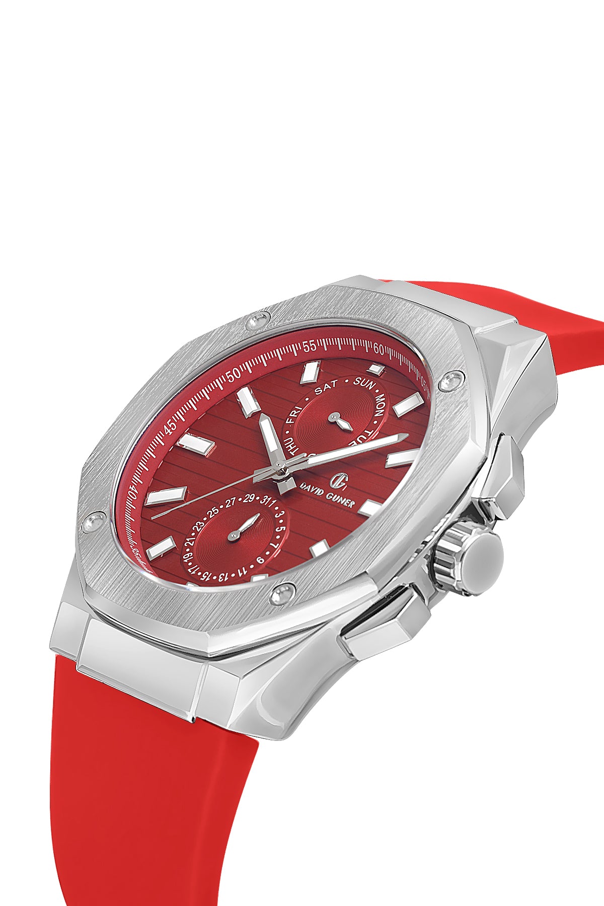 DAVID GUNER Gümüş Kaplama Kırmızı Kadranlı Multi Fonksiyonlu Erkek Kol Saati
