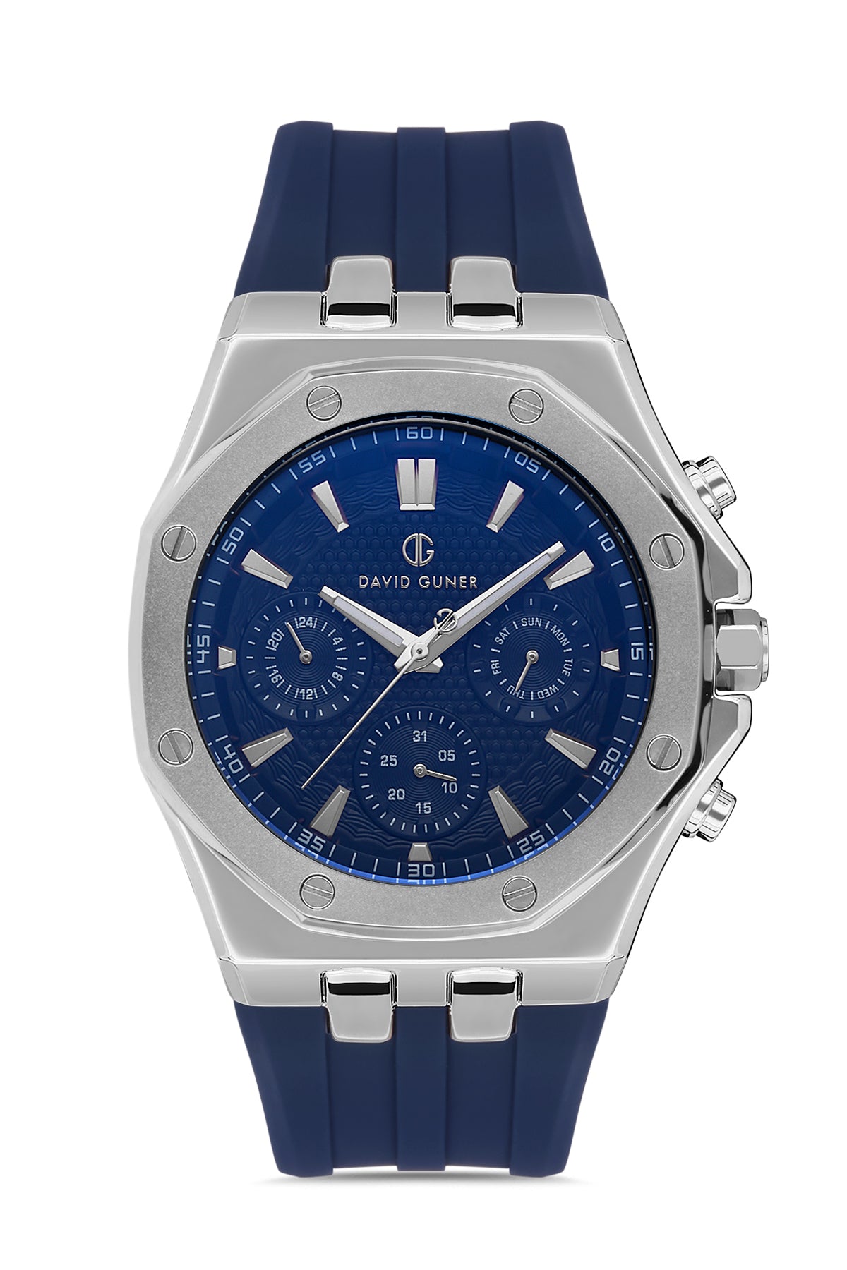 DAVID GUNER Silver Plating Men's Watch with Navy Blue Dial and Navy Blue Silicone Band