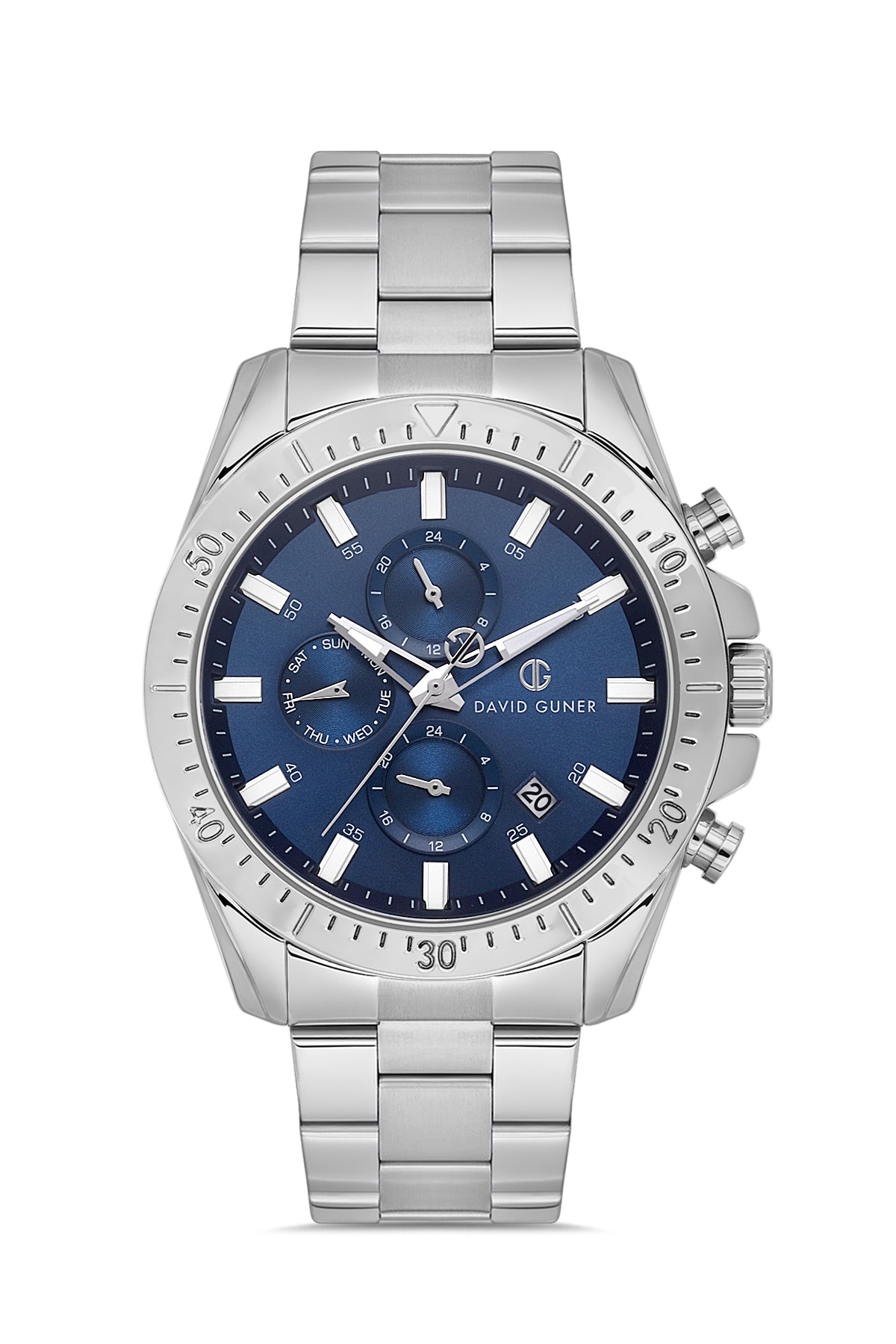 DAVID GUNER Mavi Kadranlı Gümüş Kaplama Paslanmaz Masif Çelik Kordonlu Multi Fonksiyonlu Erkek Kol Saati