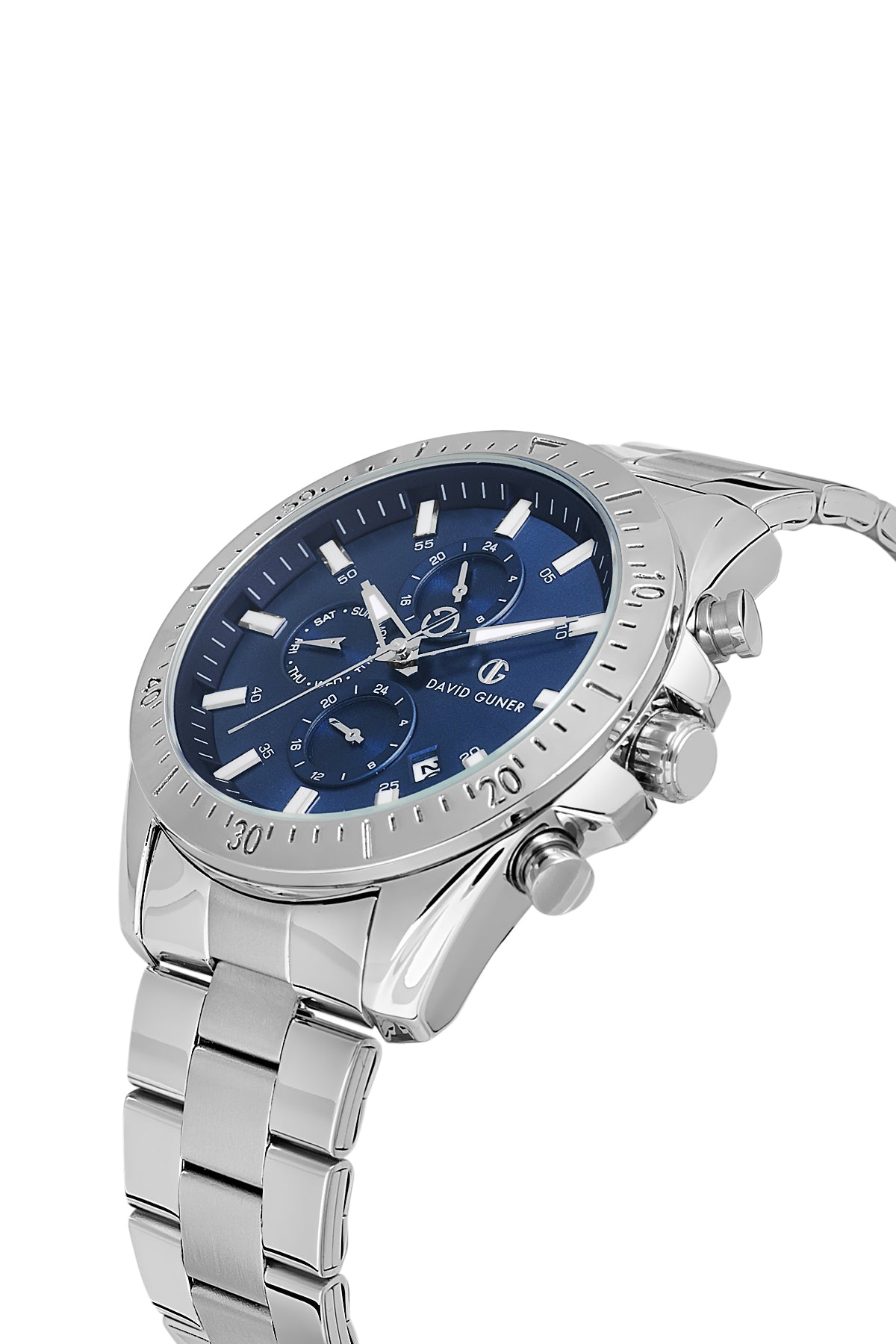 DAVID GUNER Mavi Kadranlı Gümüş Kaplama Paslanmaz Masif Çelik Kordonlu Multi Fonksiyonlu Erkek Kol Saati