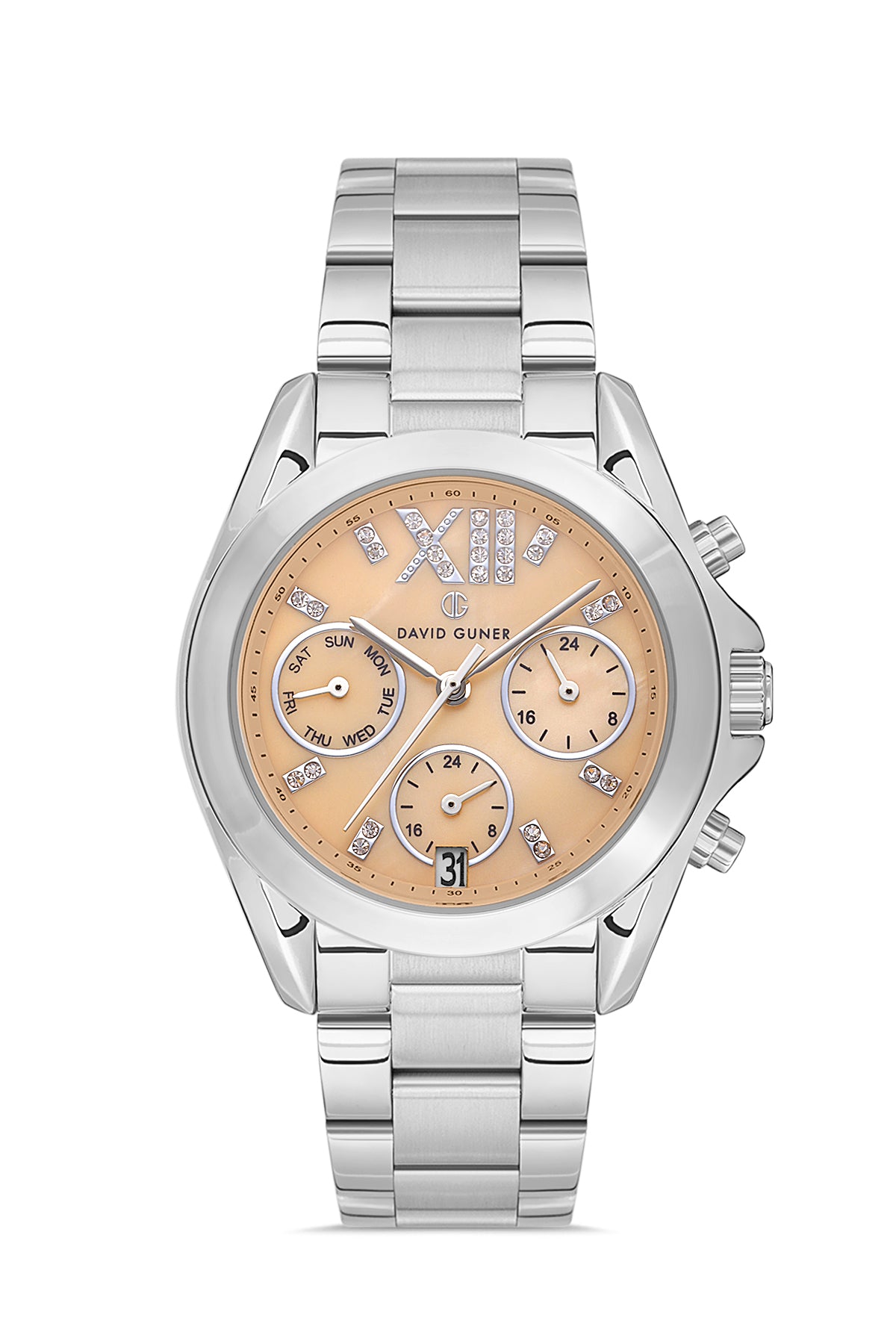 DAVID GUNER Taşlı Krem Kadranlı Gümüş Paslanmaz Masif Çelik Kadın Kol Saati - DG-8650LA-A16