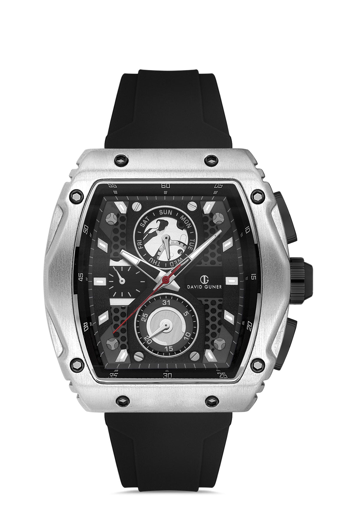 DAVID GUNER Siyah Silikon Kordonlu Siyah Kadranlı Gümüş Kaplamalı Multi Fonksiyonlu Erkek Dikdörtgen Kol Saati - DG-8487GD-J2