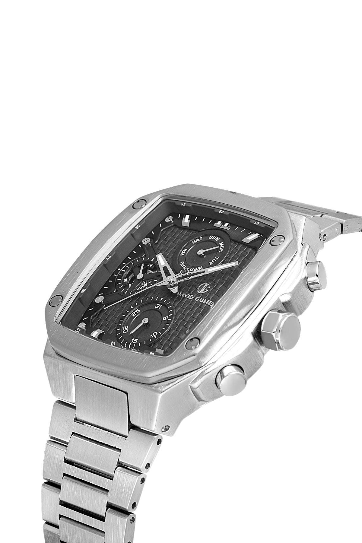 DAVID GUNER Siyah Kadranlı Gümüş Kaplama Paslanmaz Masif Çelik Kordonlu Multi Fonksiyonlu Erkek Kol Saati