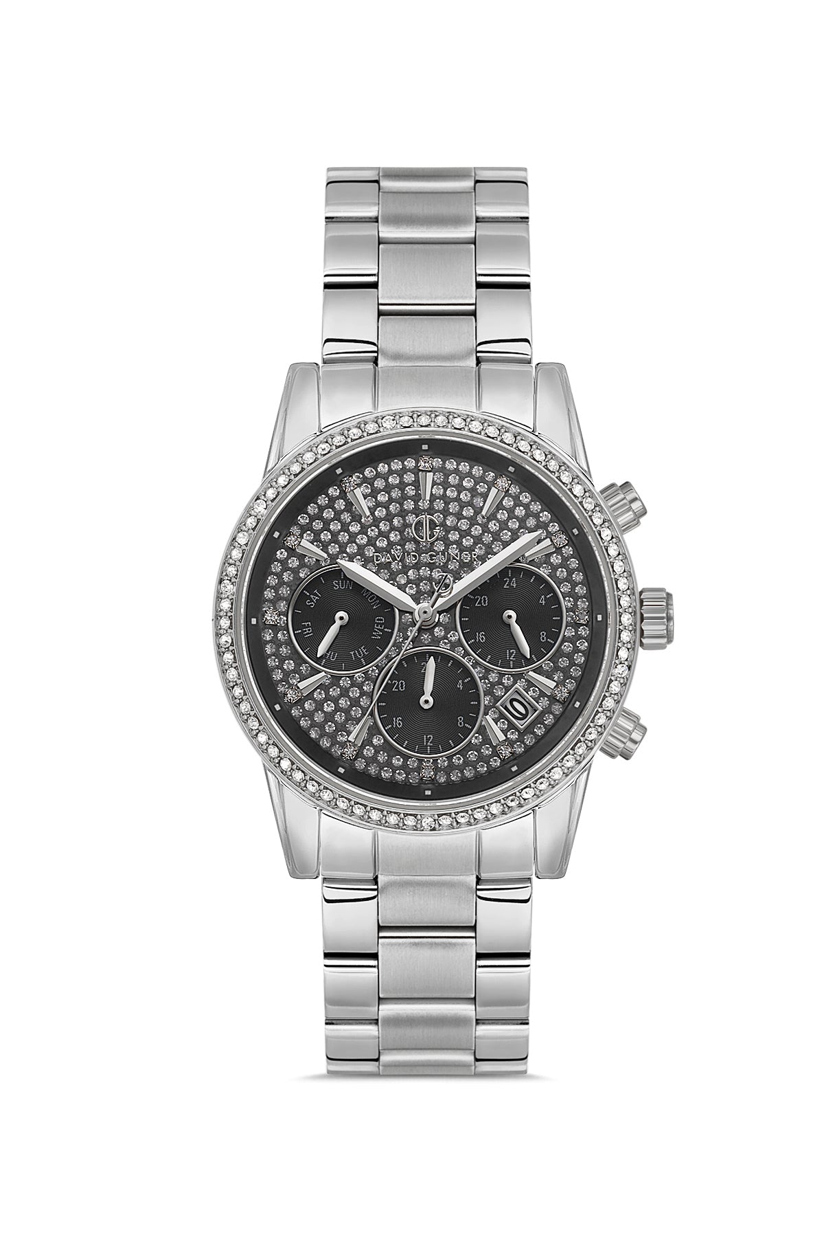 DAVID GUNER Siyah Kadranlı Gümüş Kaplama Paslanmaz Masif Çelik Kordonlu Multi Fonksiyonlu Kadın Kol Saati