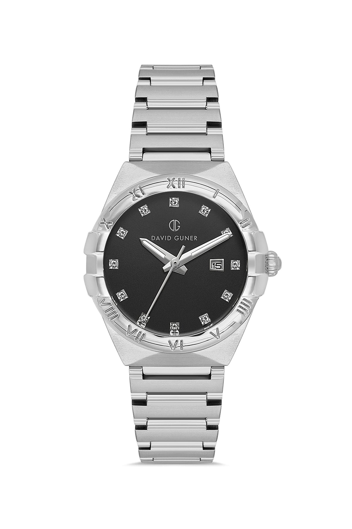 DAVID GUNER Siyah Kadranlı Gümüş Kaplama Paslanmaz Masif Çelik Kordonlu Takvimli Kadın Kol Saati