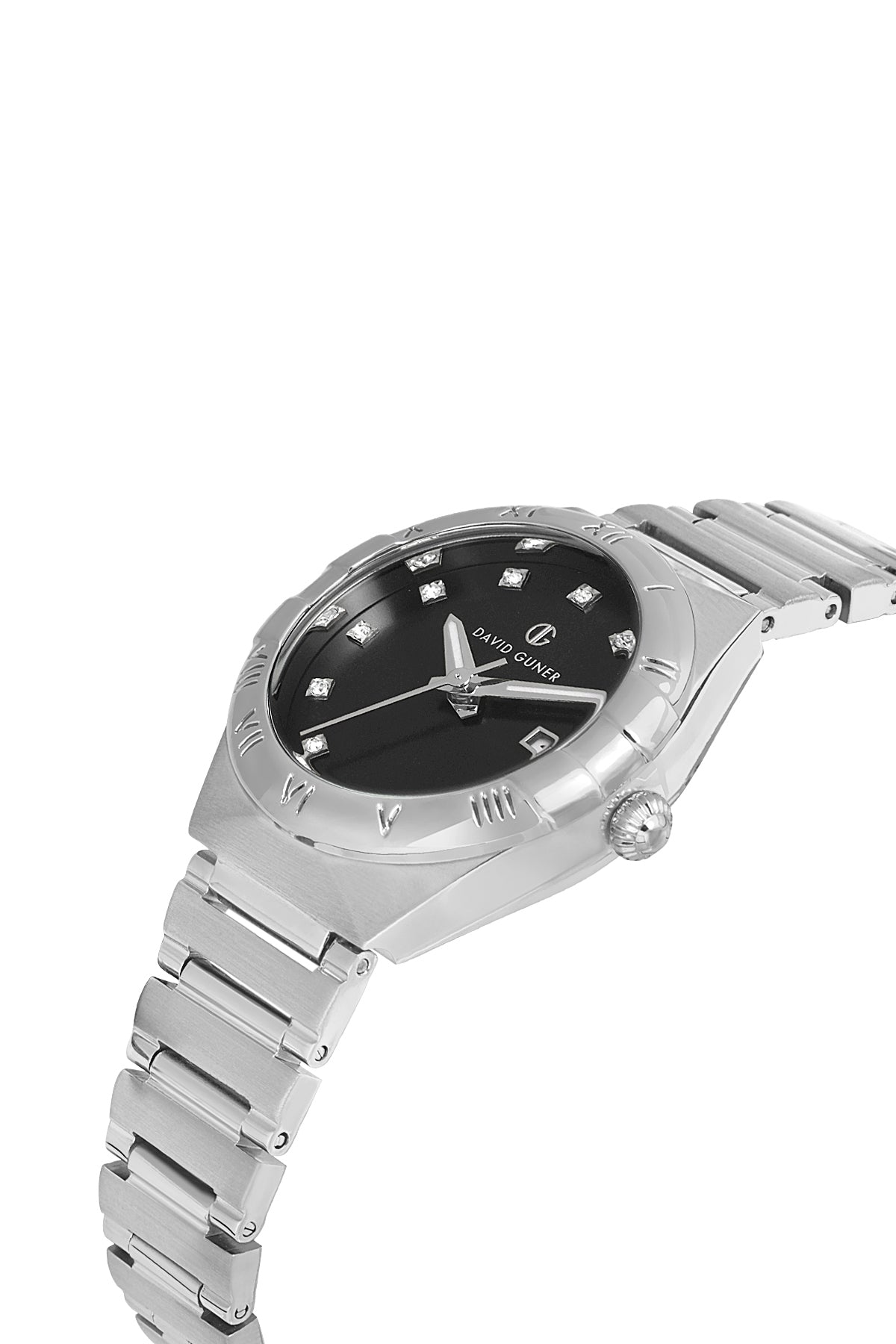 DAVID GUNER Siyah Kadranlı Gümüş Kaplama Paslanmaz Masif Çelik Kordonlu Takvimli Kadın Kol Saati
