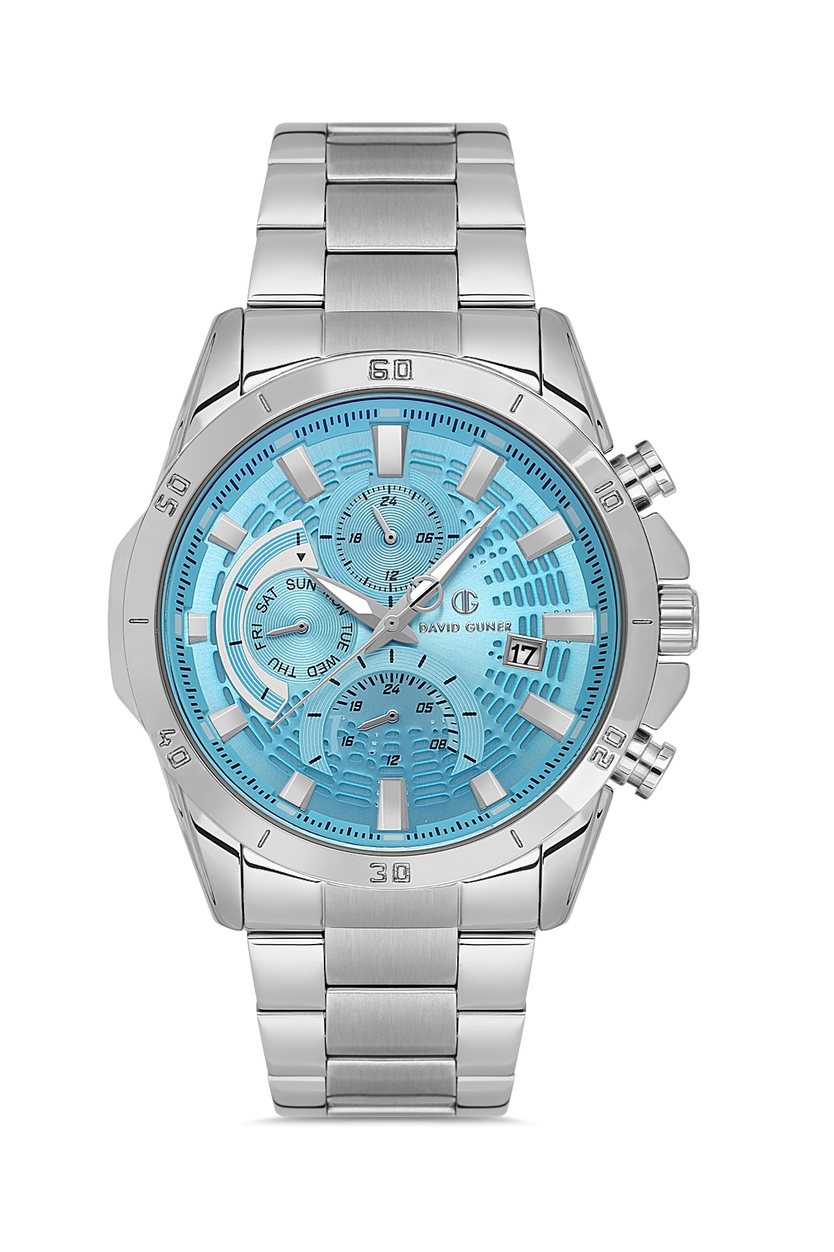 DAVID GUNER Gümüş Kaplama Turkuaz Kadranlı Paslanmaz Masif Çelik Erkek Kol Saati - DG-8748GA-A15