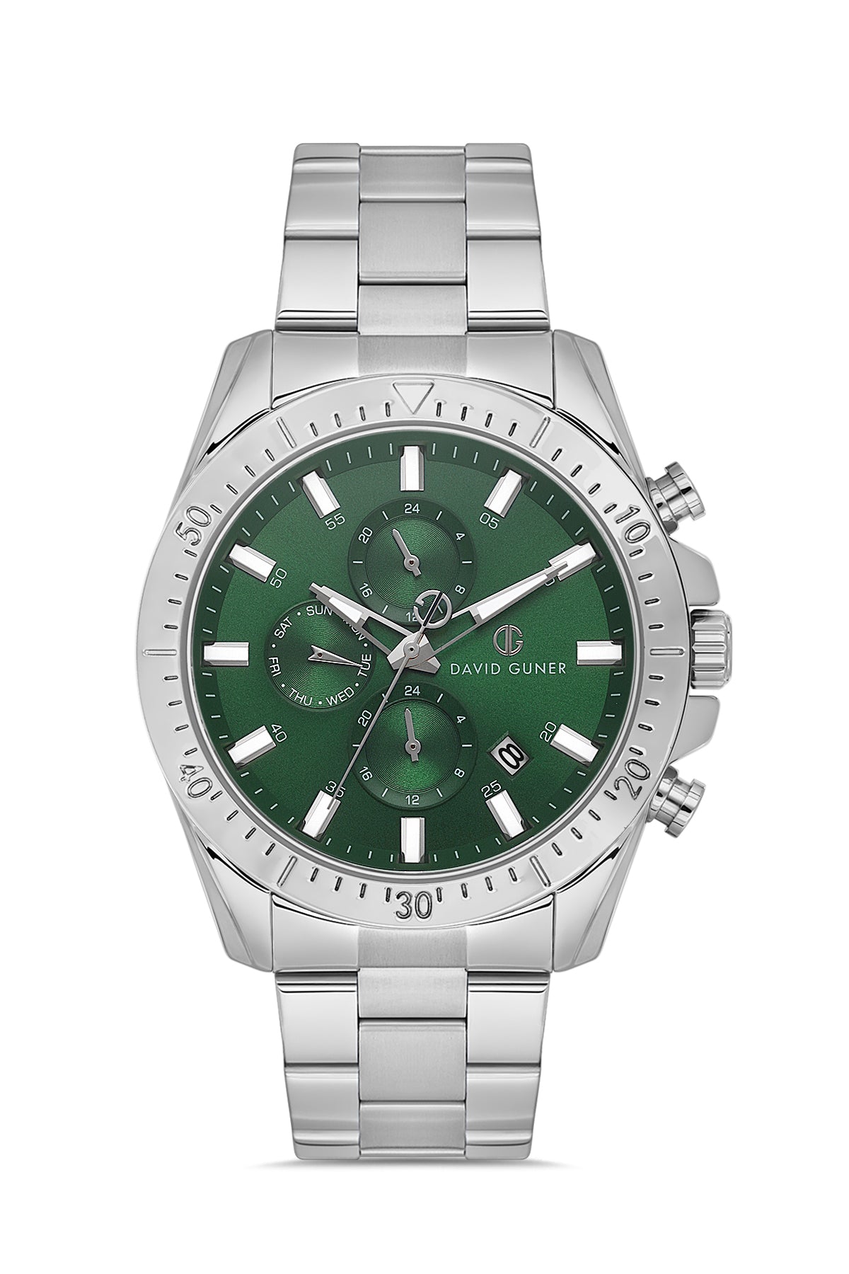 DAVID GUNER Yeşil Kadranlı Gümüş Kaplama Paslanmaz Masif Çelik Kordonlu Multi Fonksiyonlu Erkek Kol Saati