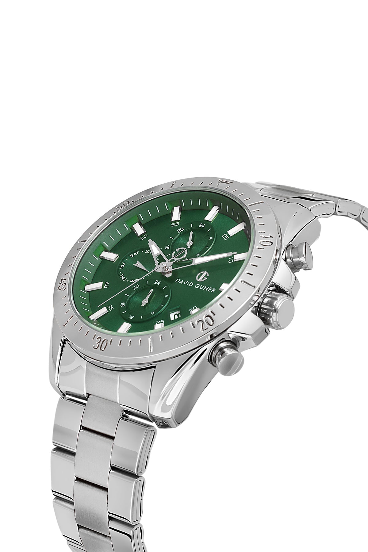 DAVID GUNER Yeşil Kadranlı Gümüş Kaplama Paslanmaz Masif Çelik Kordonlu Multi Fonksiyonlu Erkek Kol Saati