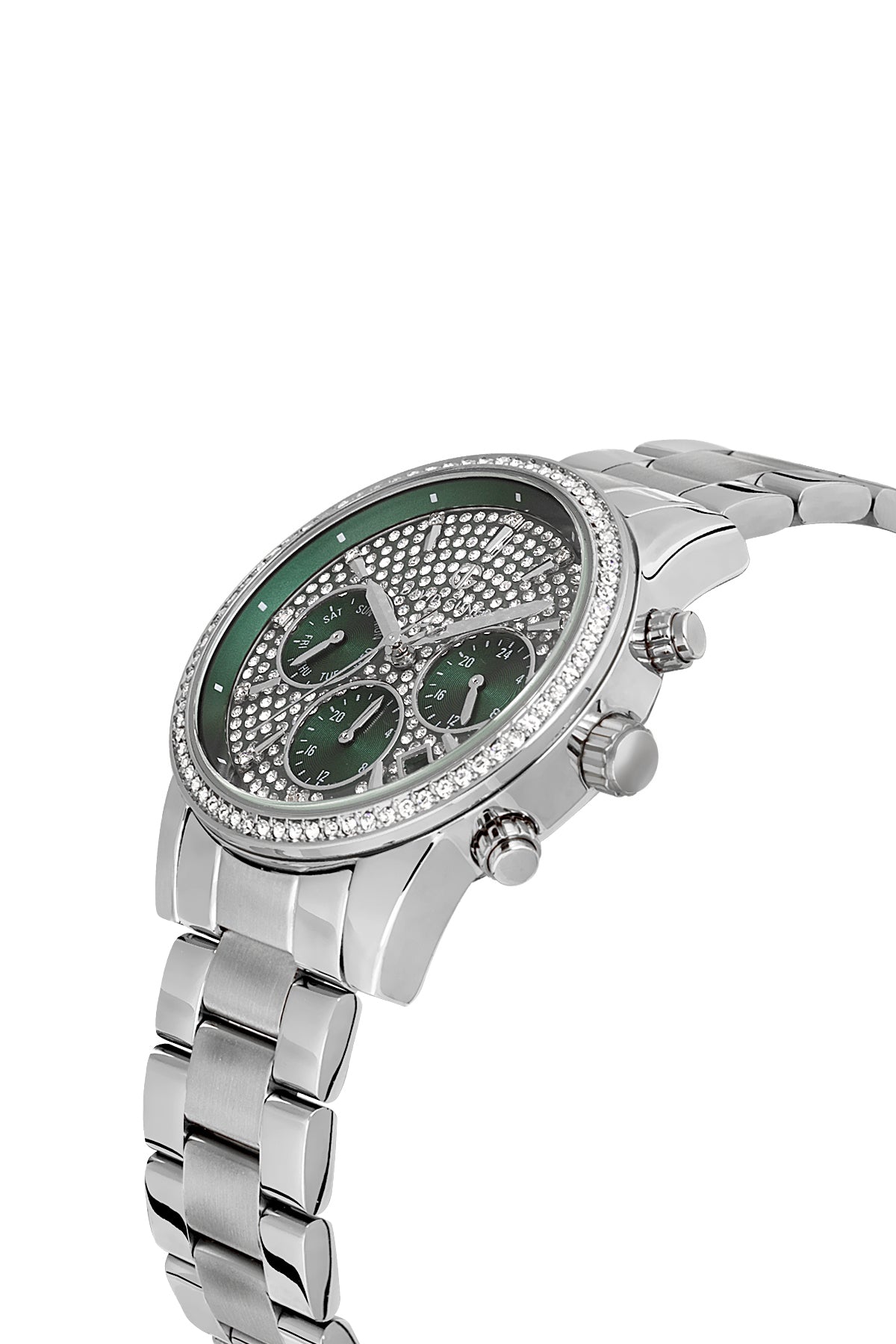 DAVID GUNER Yeşil Kadranlı Gümüş Kaplama Paslanmaz Masif Çelik Kordonlu Multi Fonksiyonlu Kadın Kol Saati