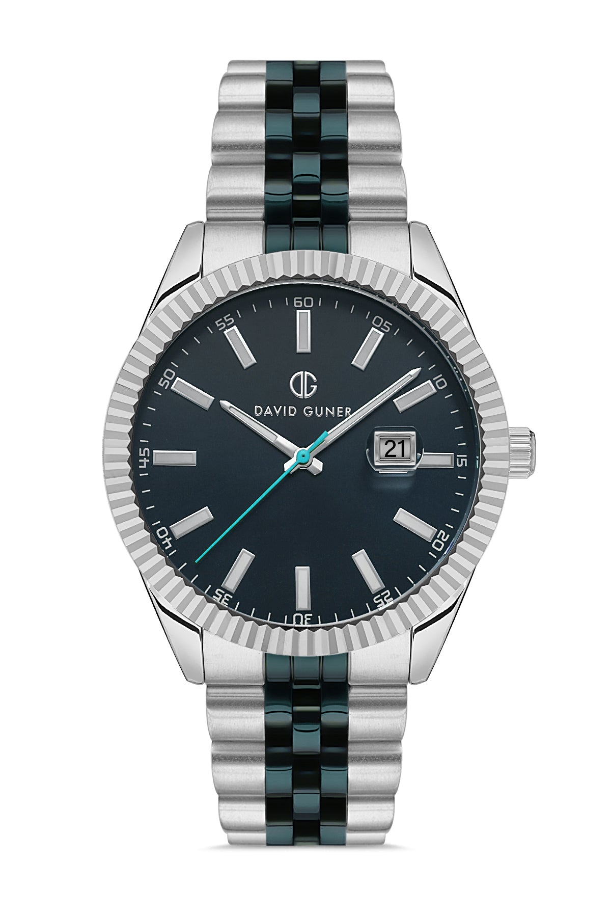 DAVID GUNER Mavi Kadranlı Gümüş Mavi Kaplama Paslanmaz Masif Çelik Kordonlu Takvimli Erkek Kol Saati DG-8626GA-L3