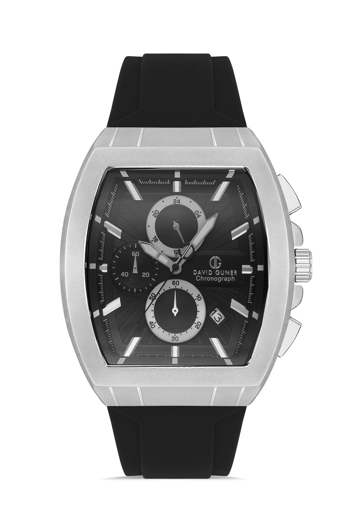 DAVID GUNER Silver Black Coated Men's Watch with Black Silicone Band