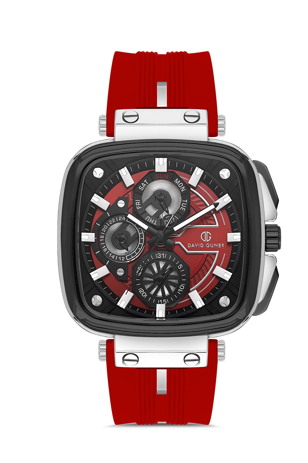 DAVID GUNER Gümüş Siyah Kaplama Kırmızı Kayışlı Siyah Kadranlı Silikon Erkek Kol Saati - DG-8500GD-J8