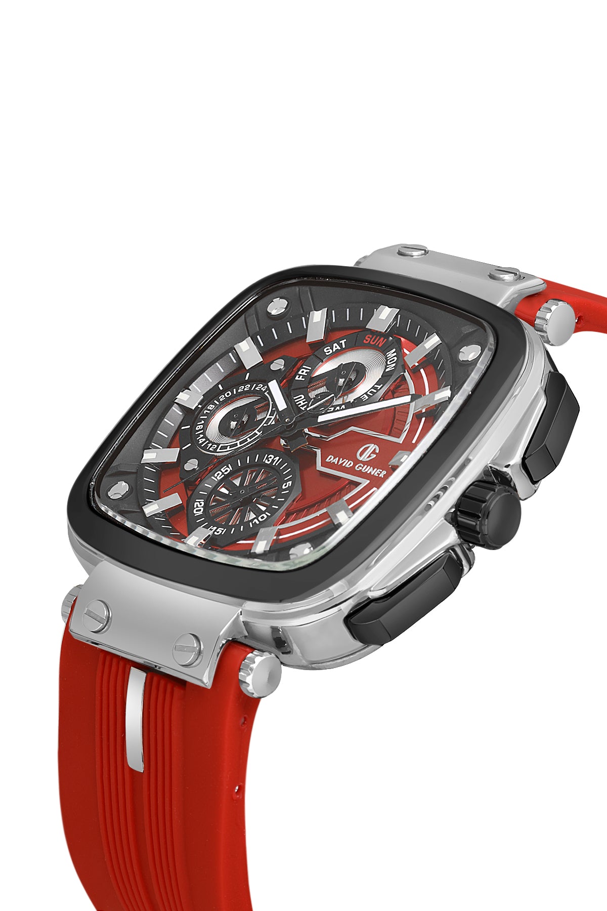 DAVID GUNER Gümüş Siyah Kaplama Kırmızı Kayışlı Siyah Kadranlı Silikon Erkek Kol Saati - DG-8500GD-J8