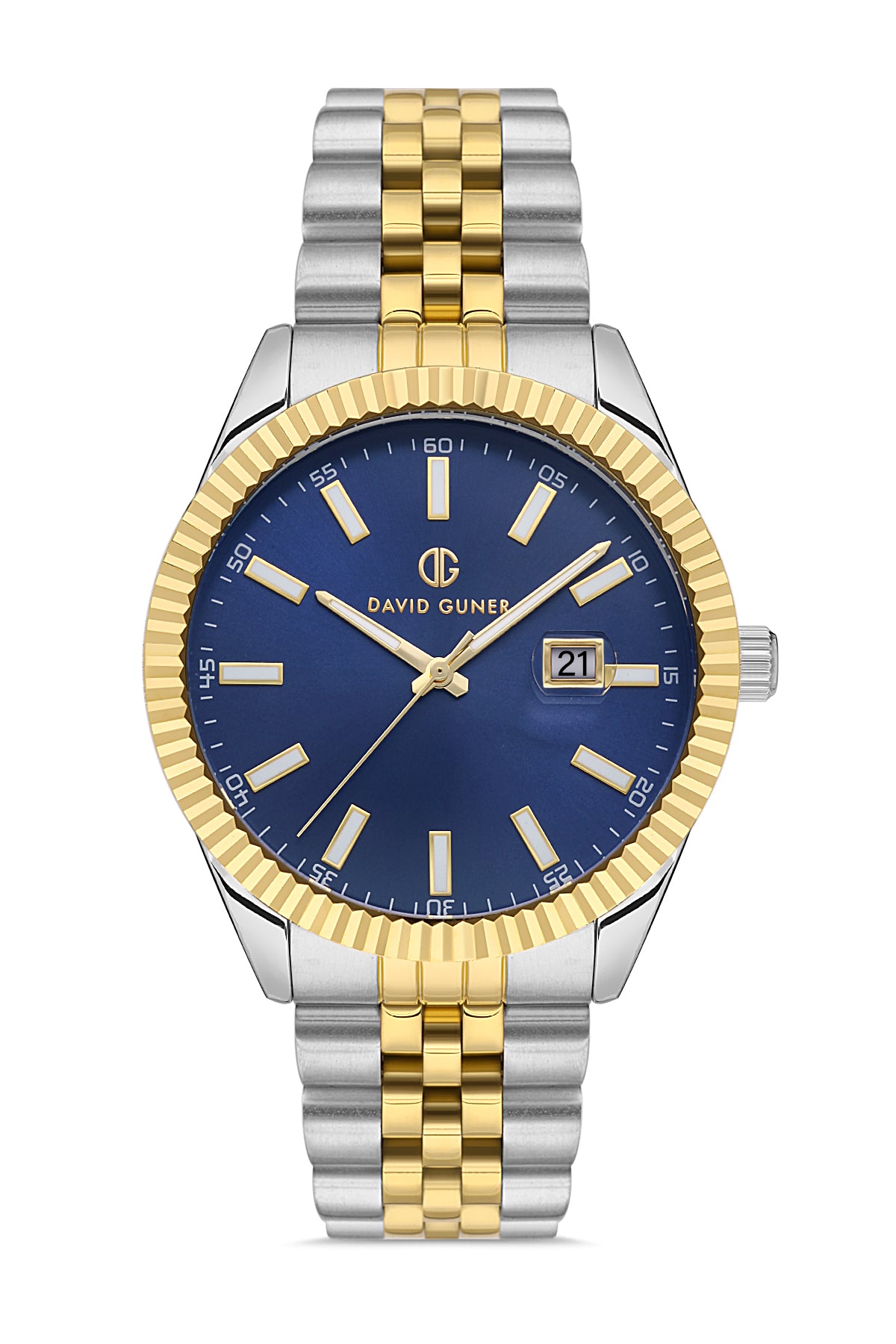 DAVID GUNER Mavi Kadranlı Sarı Beyaz Kaplama Paslanmaz Masif Çelik Kordonlu Takvimli Erkek Kol Saati DG-8626GA-D3
