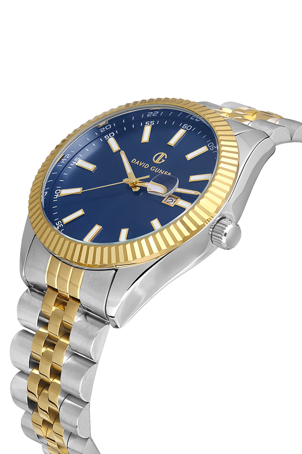 DAVID GUNER Mavi Kadranlı Sarı Beyaz Kaplama Paslanmaz Masif Çelik Kordonlu Takvimli Erkek Kol Saati DG-8626GA-D3