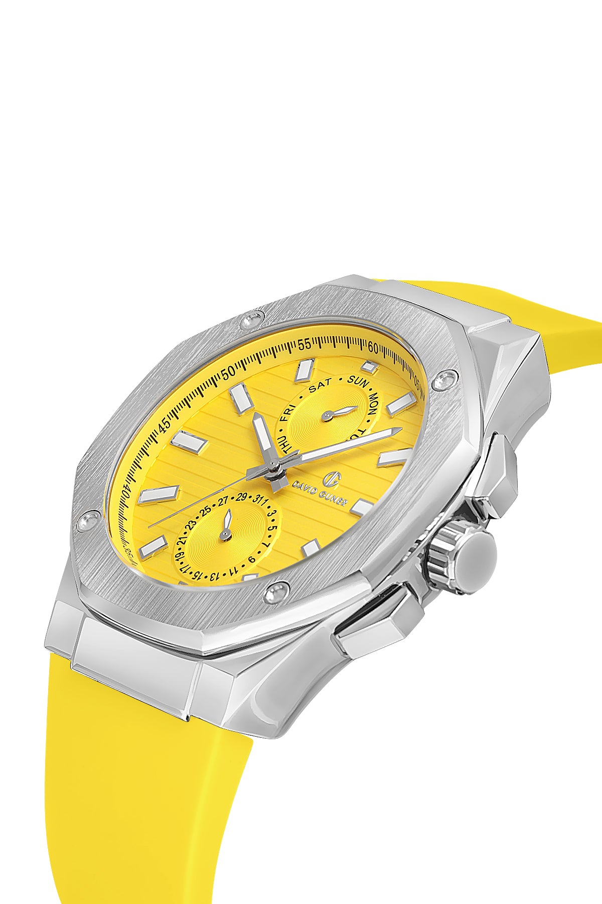 DAVID GUNER Gümüş Renk Kaplamalı Sarı Kadranlı Multi Fonksiyon Erkek Kol Saati