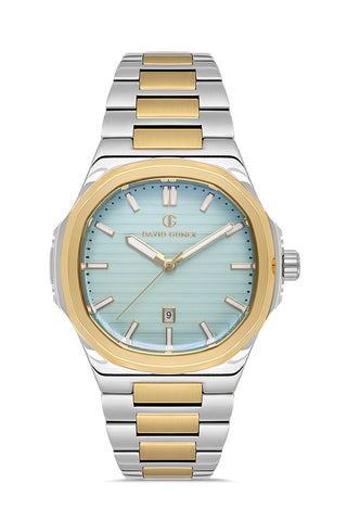 DAVID GUNER Sarı Beyaz Kaplama Turkuaz Kadranlı Takvimli Erkek Kol Saati