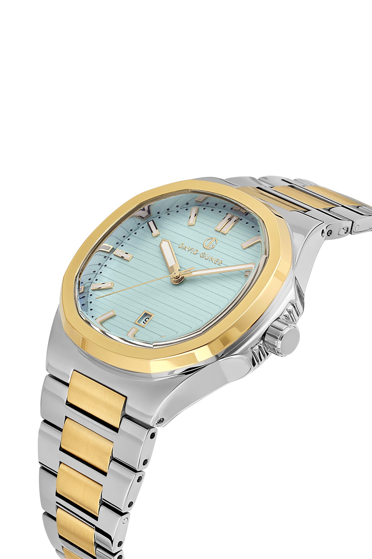 DAVID GUNER Sarı Beyaz Kaplama Turkuaz Kadranlı Takvimli Erkek Kol Saati