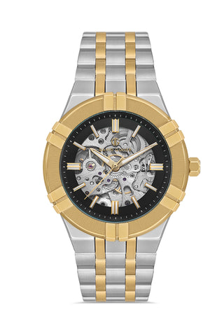 DAVID GUNER Siyah Kadranlı Sarı Beyaz Kaplama Paslanmaz Masif Çelik Kordonlu Otomatik Erkek Kol Saati