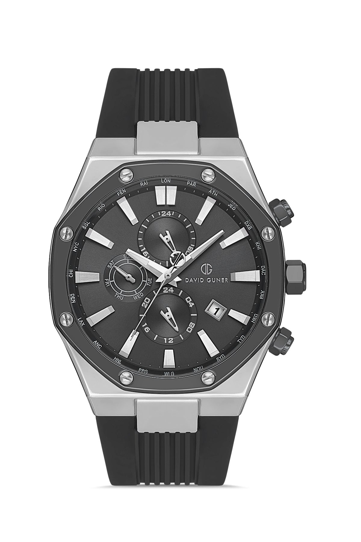 DAVID GUNER Gümüş Siyah Kaplama Siyah Kadranlı Silikon Kordonlu Erkek Kol Saati - DG-8821GD-J2