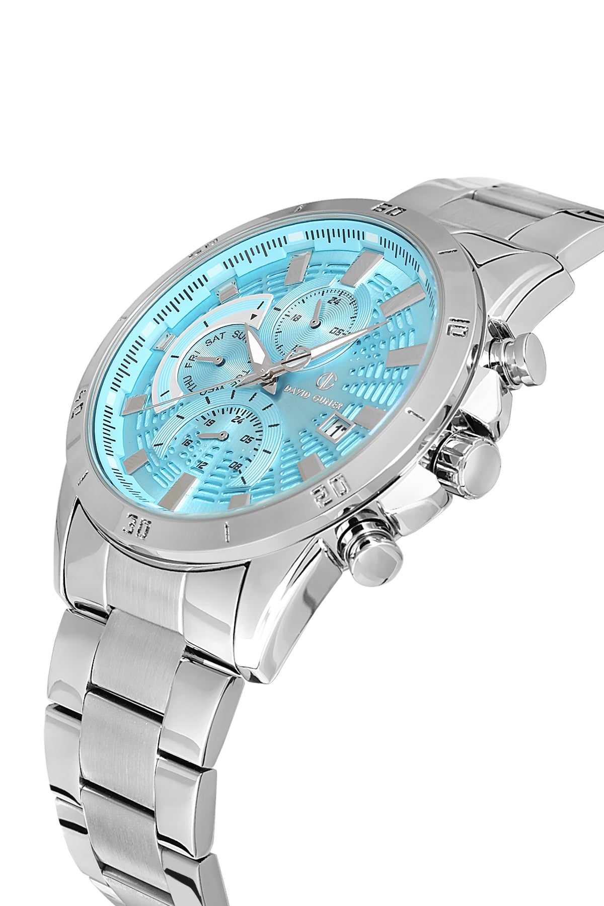 DAVID GUNER Gümüş Kaplama Turkuaz Kadranlı Paslanmaz Masif Çelik Erkek Kol Saati - DG-8748GA-A15