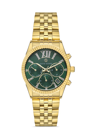 DAVID GUNER Sarı Kaplama Yeşil Kadranlı Multi Fonksiyonlu Kadın Kol Saati - DG-8340LA-B10