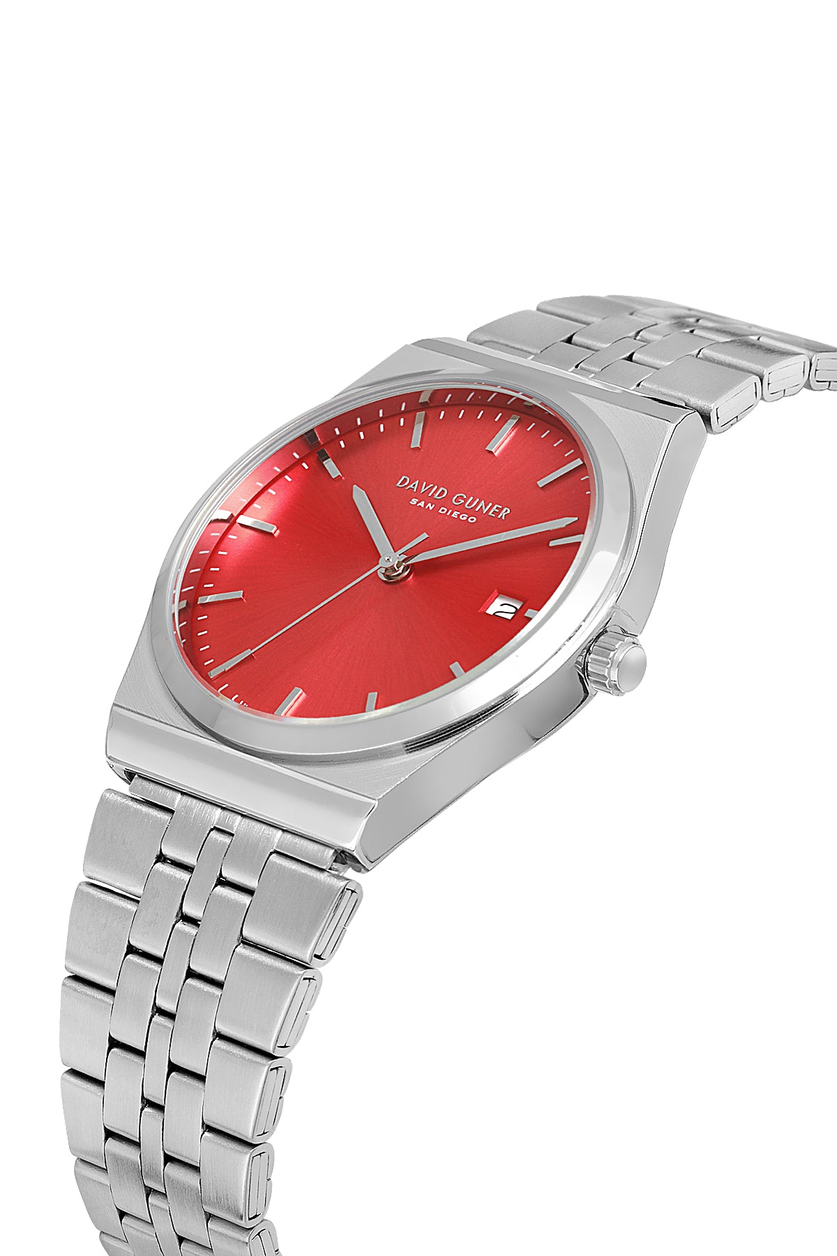 DAVID GUNER Gümüş Kaplama Kırmızı Kadranlı Takvimli Unisex Kol Saati