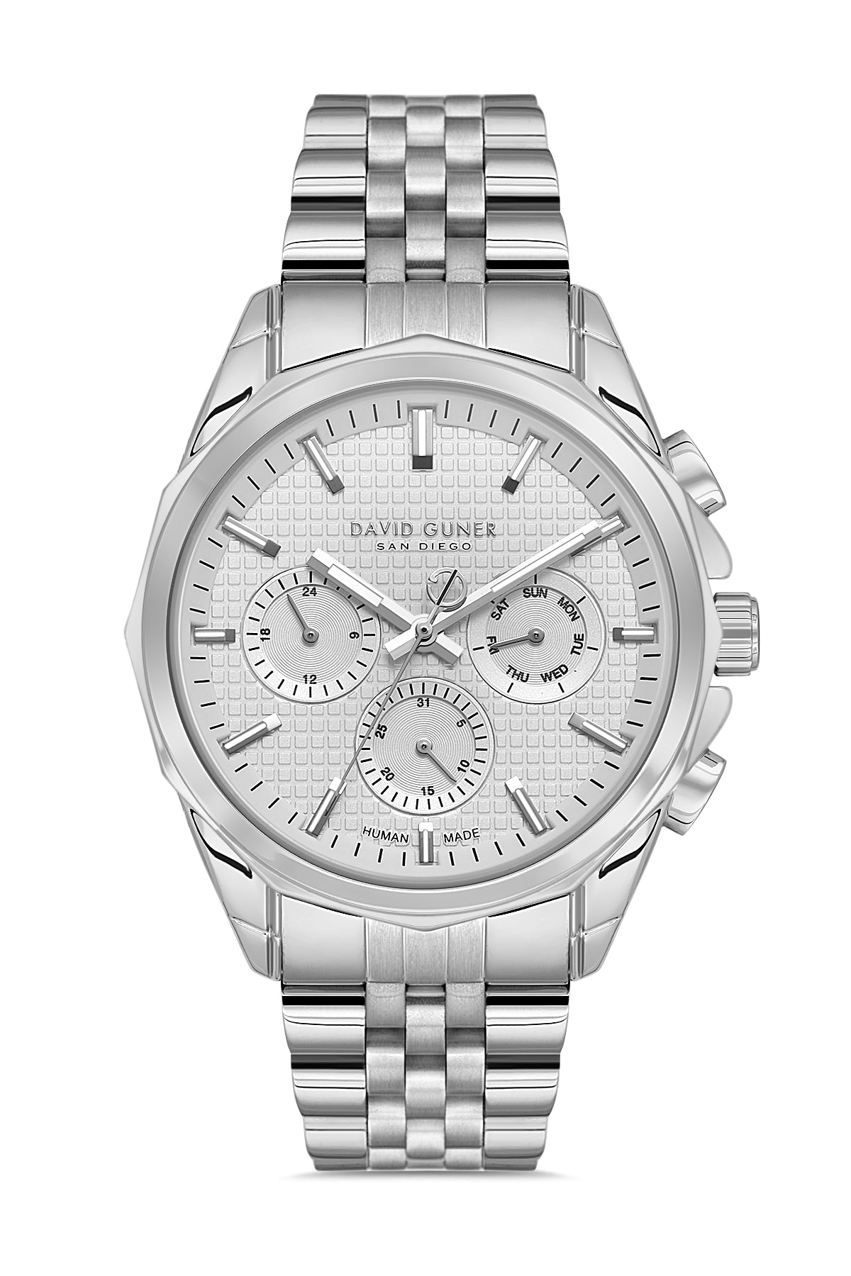 DAVID GUNER Gümüş Kadranlı Gümüş Kaplama Paslanmaz Masif Çelik Kordonlu Multi Fonksiyon Erkek Kol Saati