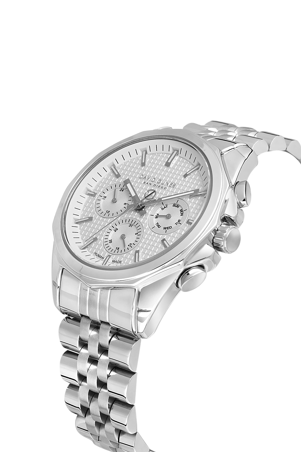 DAVID GUNER Gümüş Kadranlı Gümüş Kaplama Paslanmaz Masif Çelik Kordonlu Multi Fonksiyon Erkek Kol Saati