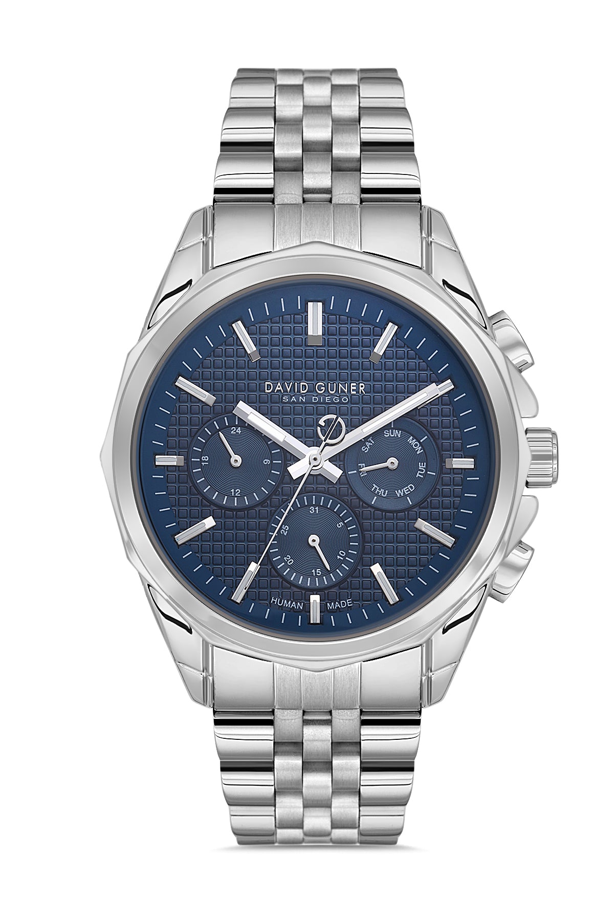 DAVID GUNER Mavi Kadranlı Gümüş Kaplama Paslanmaz Masif Çelik Kordonlu Multi Fonksiyon Erkek Kol Saati