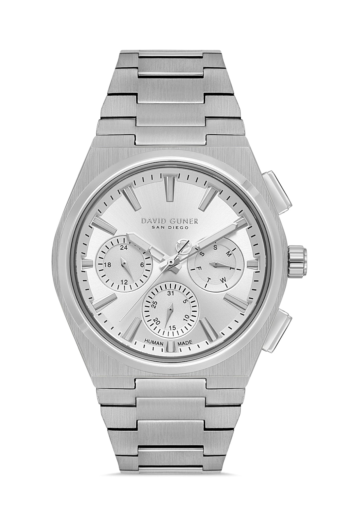 DAVID GUNER Gümüş Kadranlı Gümüş Kaplama Paslanmaz Masif Çelik Kordonlu Multi Fonksiyon Erkek Kol Saati