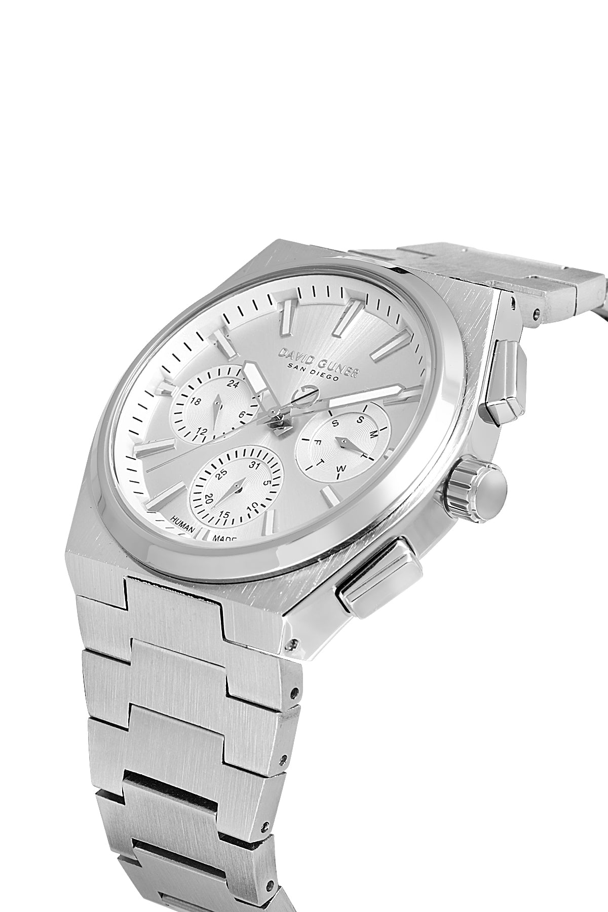 DAVID GUNER Gümüş Kadranlı Gümüş Kaplama Paslanmaz Masif Çelik Kordonlu Multi Fonksiyon Erkek Kol Saati