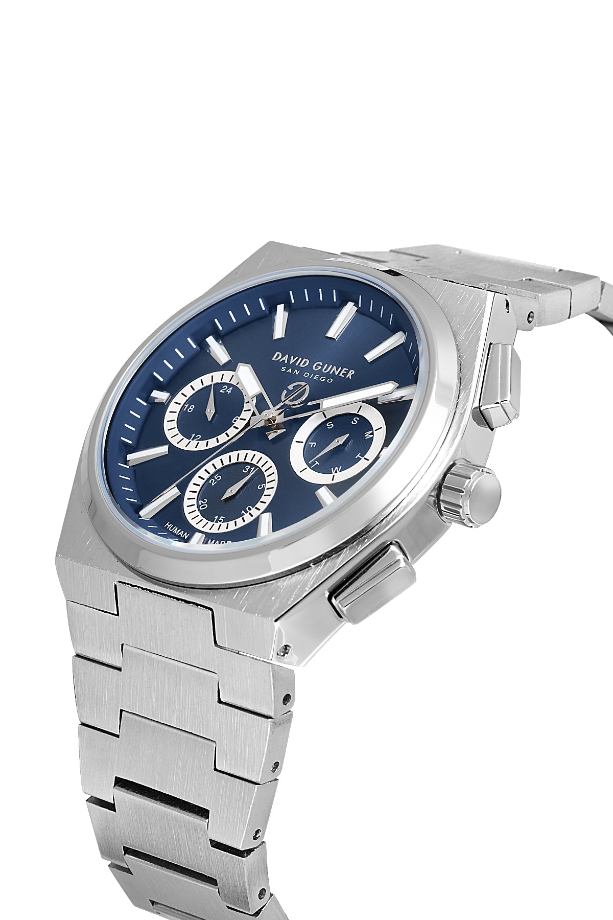 DAVID GUNER Mavi Kadranlı Gümüş Kaplama Paslanmaz Masif Çelik Kordonlu Multi Fonksiyon Erkek Kol Saati