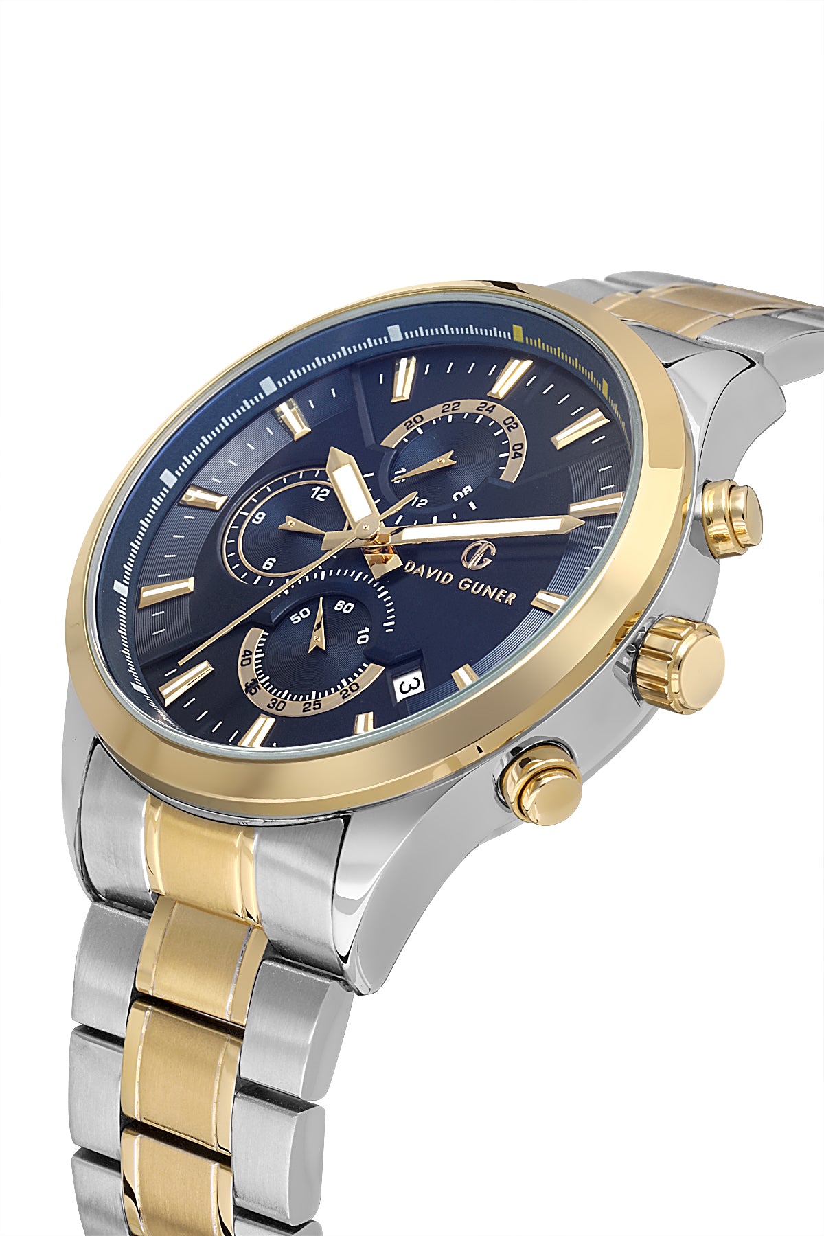 DAVID GUNER Sarı Beyaz Kaplamalı Mavi Paslanmaz Masif Çelik Kordon Erkek Kol Saati - DG-8720GA-D3