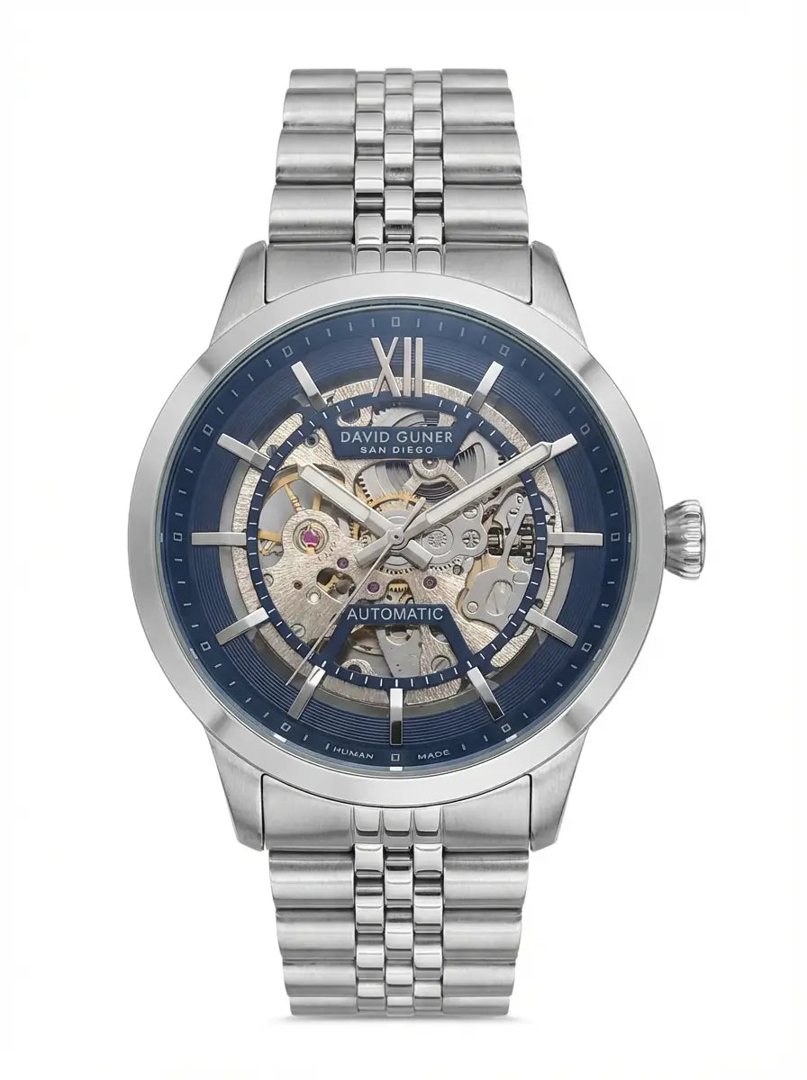 DAVID GUNER Gümüş Kaplama Mavi Kadranlı Paslanmaz Masif Çelik Erkek Kol Saati - DG-8835GA-A3
