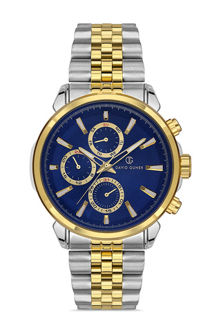 DAVID GUNER Lacivert Kadranlı Sarı-Gümüş Paslanmaz Masif Çelik Erkek Kol Saati - DG-8401GA-D3