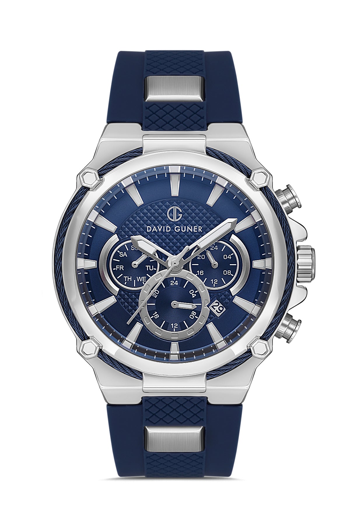 DAVID GUNER Mavi Silikon Kordonlu Mavi Kadranlı Gümüş Kasalı Multi Fonksiyonlu Erkek Kol Saati - DG-8270GD-L3